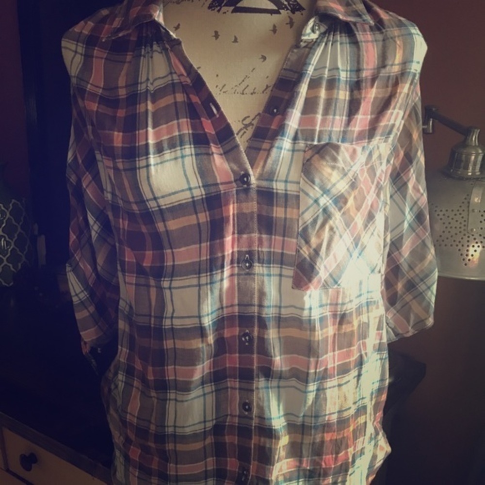 NWT William Rast Cold Shoulder Plaid Tie Top Med
